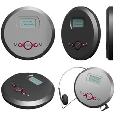 ilver retro-style portable CD player with red details and headphones on a transparent background. Front view, angled view, side view, perspective view. Disc player. 3D render