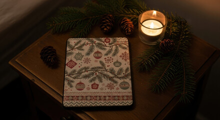 Holiday reader with digital book device, cozy candlelit setting. E-reader with festive cover case on bedside table. 