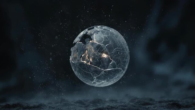 Cracked sphere with illuminated core in a dark, atmospheric environment