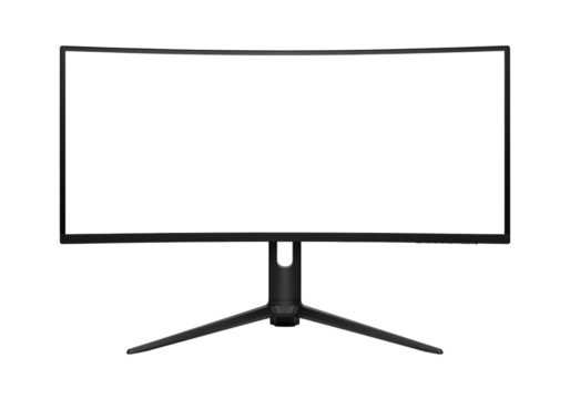 Curved ultrawide computer monitor with a black stand and a dark screen isolated on a transparent background