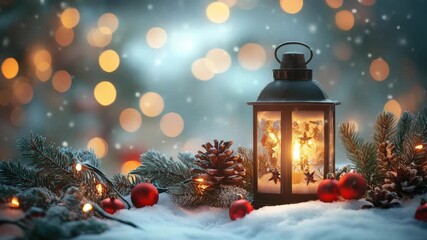 Christmas still life with a glowing lantern, red ornaments, pine cones and snow covered fir branches, gentle snowflakes fall against a soft focus bokeh background, warm festive glow - Powered by Adobe