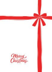 Christmas greeting card with a red ribbon and bow forming a gift wrap design. Clean festive layout with Merry Christmas text. Perfect for holiday cards, invitations, and seasonal designs.