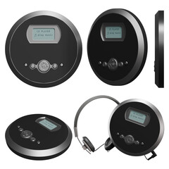 Black retro-style portable CD player and headphones on a transparent background. Front view, tilted view, side view, perspective view. Disc player. 3D rendering