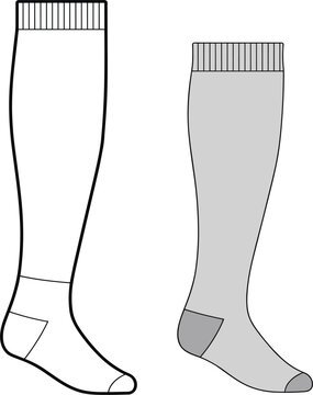 Vector Technical Drawing of Knee-High Socks, Compression Sock Flat Sketch, Outline and Shaded Garment Template