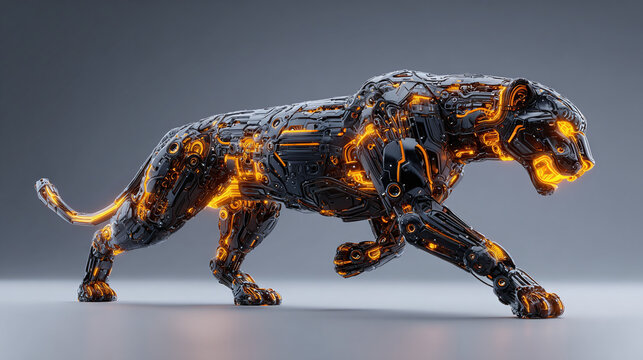 A stylized black panther with glowing orange circuitry, depicted in a sleek, futuristic design, embodying power and technological advancement. - Powered by Adobe