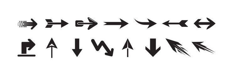 Modern Arrow Icon Set, Clean Black Directional Vector Symbols Collection
