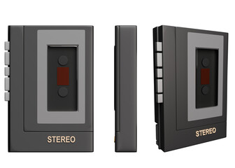 Classic black vintage portable cassette player on transparent background. front view, side view, angled view. 3d render