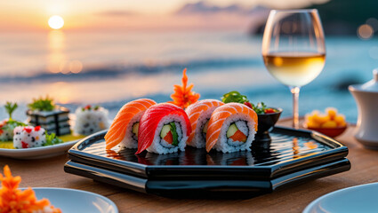 Sushi rolls with salmon and wine by the ocean at sunset