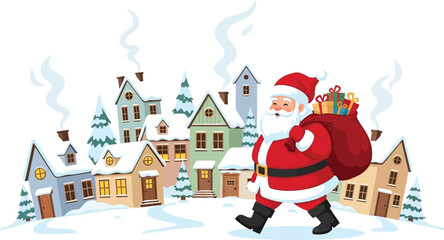 Santa claus walking in winter village isolated on white background