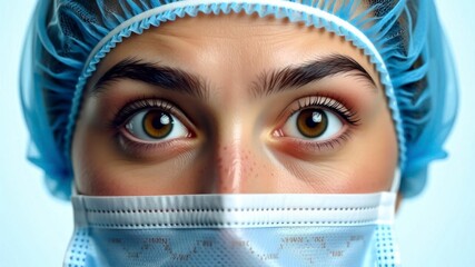 Young female doctor with brown eyes in blue medical mask and cap, close-up on intense gaze.