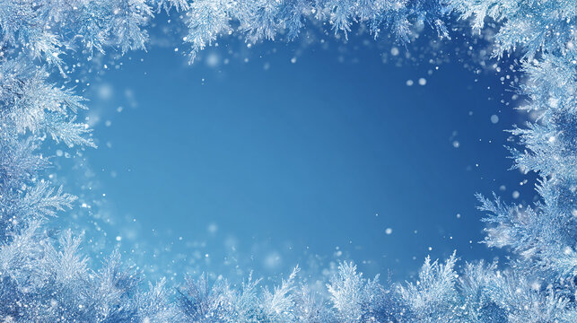 Frosty Frame: A blue gradient background is bordered by icy, glittering crystalline foliage, sprinkled with delicate snowflakes, creating a cool winter feel. - Powered by Adobe