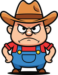 Angry cartoon farmer mascot, mad man in overalls and hat, grumpy character with furious expression, vector illustration, isolated.