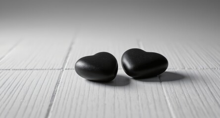 Black Heart-shaped Stones on White Wooden Surface in Minimalist Composition