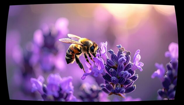 A honeybee is shown in sharp focus on a lavender bloom, with soft bokeh lights in the background. - Powered by Adobe