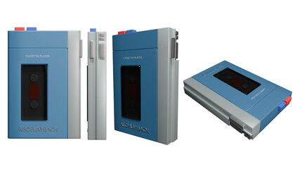 Classic blue vintage portable cassette player on transparent background. front view, side view, angled view. 3d render