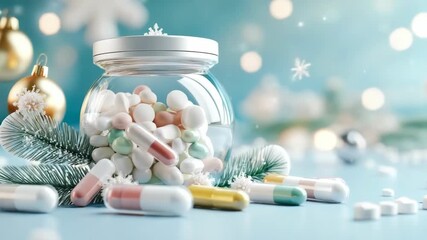 Glass jar of colorful pills and capsules nestled among fir branches, ornaments and falling snowflakes, blending holiday cheer with health and pharmaceutical care during winter - Powered by Adobe