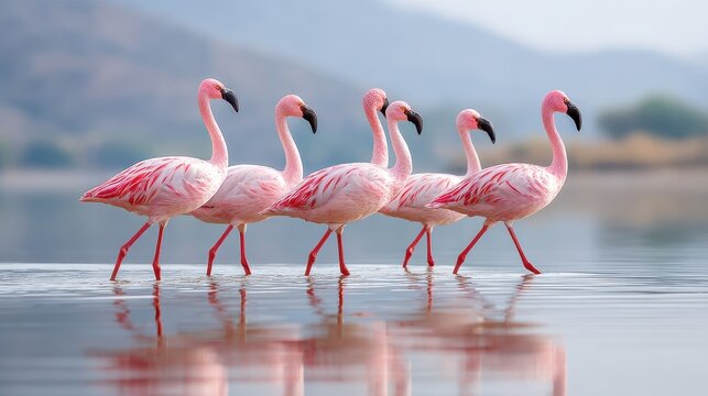 A group of elegant flamingos wades through calm waters, showcasing their striking pink feathers against a serene backdrop.