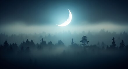 Mystical crescent moon illuminating a foggy forest landscape at night.
