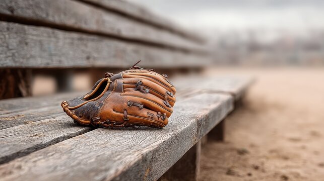 A worn baseball glove rests on a wooden bench, evoking memories of the game and the spirit of outdoor sports.