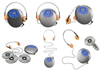 Silver retro-style portable CD player with blue details and headphones on a transparent background. Disc player. 3D rendering