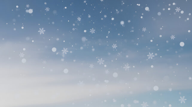Falling snow and snowflakes on a cool blue winter sky background.