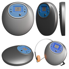 Silver retro-style portable CD player with blue details and headphones on a transparent background. Front view, angled view, side view, perspective view. Disc player