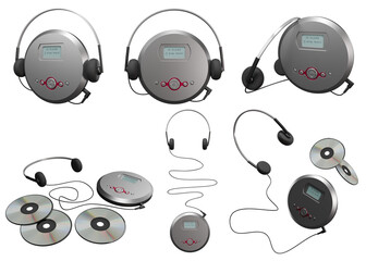 Silver retro-style portable CD player with red details and headphones on a transparent background. Disc player. 3D render