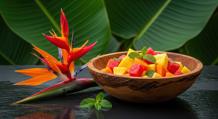 Tropical fruit salad in a wooden bowl with an exotic bird of paradise flower on a table