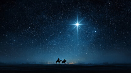 An atmospheric image showcases silhouetted figures riding camels under a starlit sky with a bright, guiding star shining above them in a field.