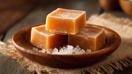 Delicious caramel candies are artfully stacked in a wooden bowl, complemented by sea salt crystals. A tempting treat ready to be enjoyed!
