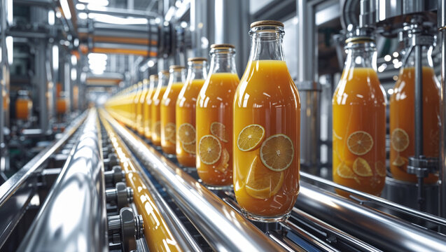 Orange juice bottles on a production line in a modern food processing plant
