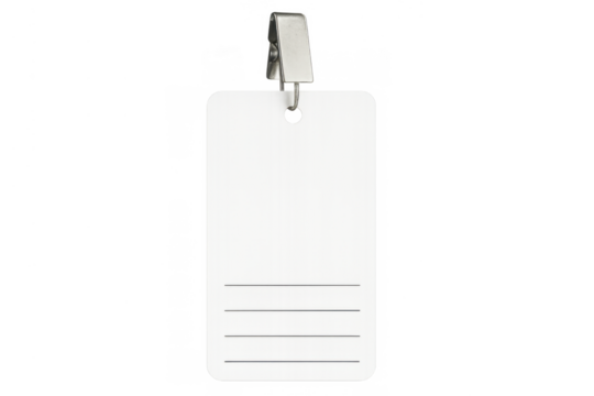 Blank id card or name tag with metal clip, providing space for personal identification information, isolated on transparent background