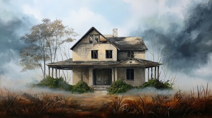 An abandoned, weathered house surrounded by mist and overgrown vegetation, evoking a mysterious and eerie atmosphere.