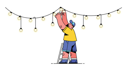Youthful character hanging festive party lights for summer celebrations, creating a warm and inviting outdoor atmosphere for gatherings and events