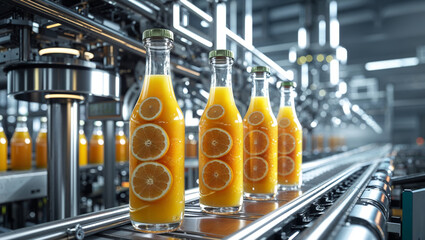 Orange juice bottles on a production line in a modern factory setting