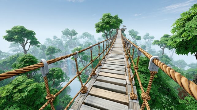Fototapeta A scenic rope bridge extends over a lush, green forest, connecting treetops in a misty, serene landscape.