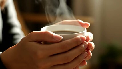 Warm hands embrace a steaming mug: A comforting ritual of hot coffee or tea refreshment in a