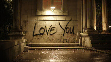Stone building illuminated at night, adorned with street art proclaiming affection. The wet ground reflects the light and atmosphere.