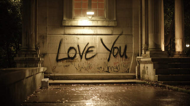Stone building illuminated at night, adorned with street art proclaiming affection. The wet ground reflects the light and atmosphere. - Powered by Adobe