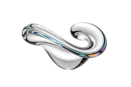 Abstract fluid metal sculpture with iridescent reflections isolated on transparent background