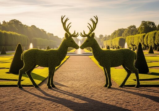 Symmetrical topiary deer sculptures in a formal french garden at sunset creating long shadows