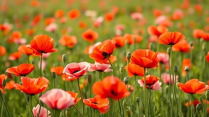 Fototapeta premium sedative. Field of poppy flowers swaying in gentle breeze, botanical tranquility scene. gardening catalogs, home-decor guides, designed for home decor and floral branding.