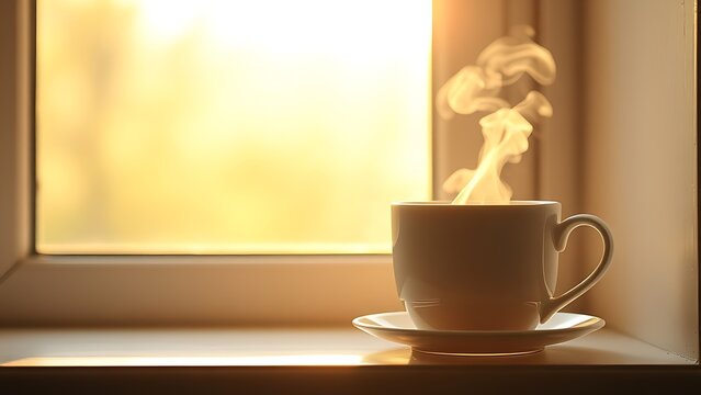 windowsill. Sunlit windowsill with a steaming cup of tea, warm and cozy morning atmosphere. bar promotions, beverage menus, designed for food & beverage menus and cafe branding.