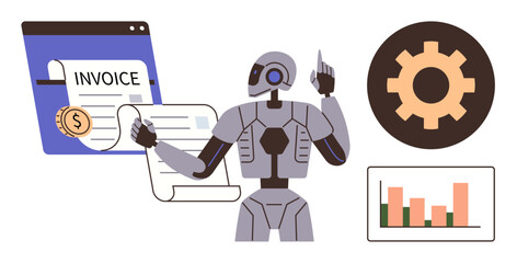 Humanoid robot analyzing invoices, graphs, and gears representing automation, analysis, and technology. Ideal for financial management, AI automation, fintech, artificial intelligence digital
