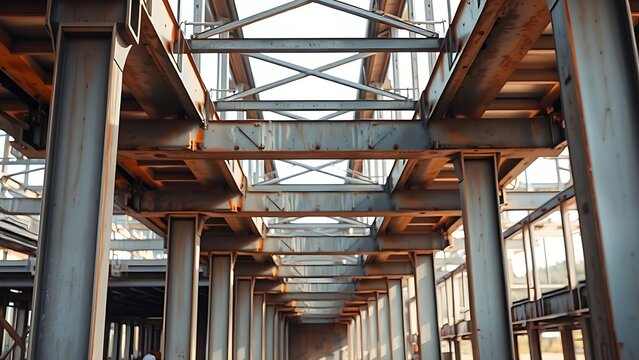 ibeam. Exposed steel I-beam support structure on a construction site with metallic textures. real-estate listings.