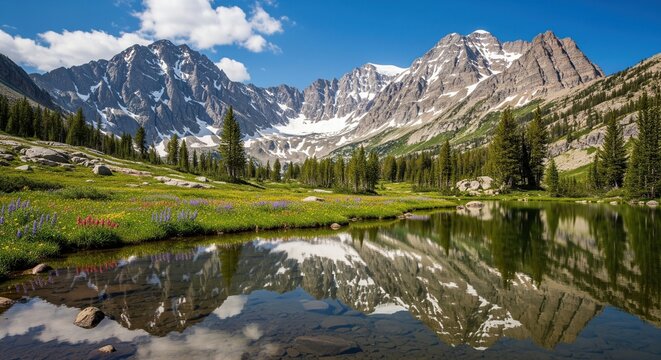 Majestic snow-capped mountains reflecting in a clear alpine lake with a wildflower meadow