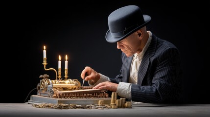 A vintage scene featuring a man in a hat using an old timepiece, illuminated by candles and surrounded by coins, evoking a sense of nostalgia and craftsmanship.