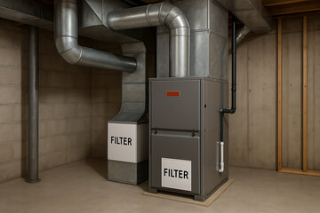 furnace filter air technician. A modern ventilation system with ducts and a furnace, designed for air filtration in a basement setting.