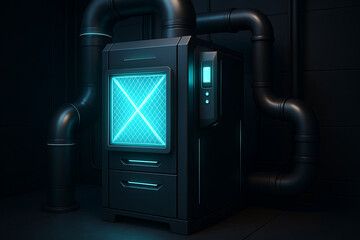 furnace filter air technician. A futuristic machine with glowing blue accents, surrounded by dark pipes, set against a minimalist backdrop.