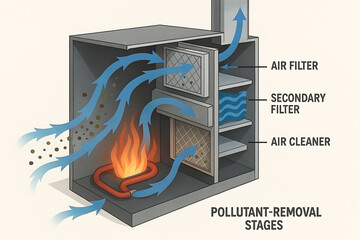 furnace filter air technician. Diagram illustrating the stages of pollutant removal in an air filtration system, featuring an air filter, secondary filter, and air cleaner.